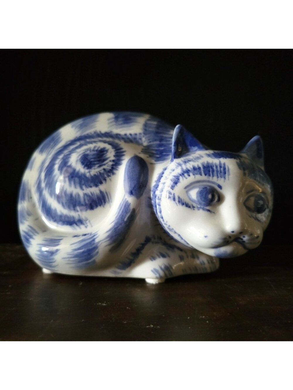 Vintage Chinese Blue Tabby Cat Figurine Chinoiserie Ceramic Cat Collectible